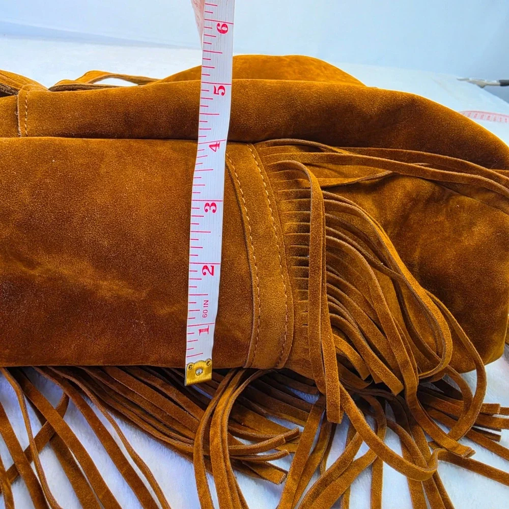 Cognac Brown Suede Fringe Backpack Boho Western Drawstring Bag Women